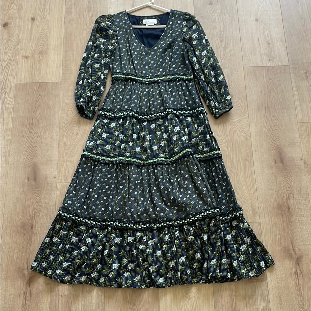Anthropologie Long Sleeve Floral Dress - Black and Green